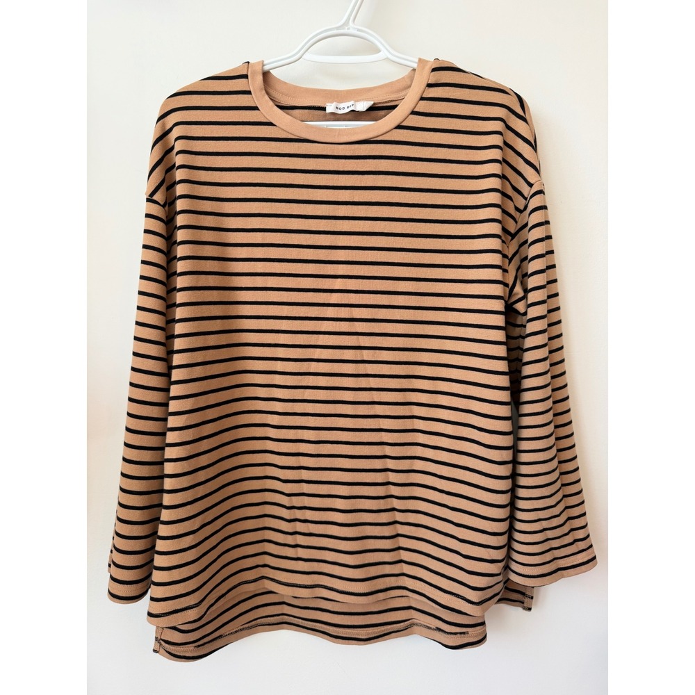 Mod Ref Womens Tan Black Striped Long Sleeve Crew Neck Top Medium Relaxed Fit